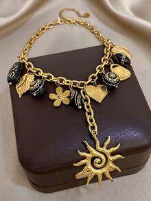 1pc Fashionable Gold-Tone Mixed Pendant Necklace - Sun Tassel, Leaf And Flower Pendants, Eye-Catching Accessory, Elevates Casual And Holiday Outfits, Unisex, Valentine's Day Gift, Men's Necklace - Multicolor - View 9