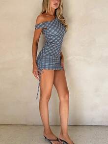 Y2K New Year Sexy Off-The-Shoulder Drawstring And Form-Hugging Plaid Dress For Women ,Valentine's Day