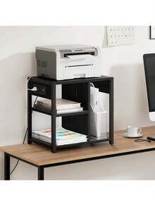 Bajo soporte de impresora de escritorio con tomacorrientes y puertos de carga USB, mesa de impresora de escritorio con estante de almacenamiento, soporte de impresora móvil de 4 niveles con ruedas para oficina en casa - Negro - Ver 1