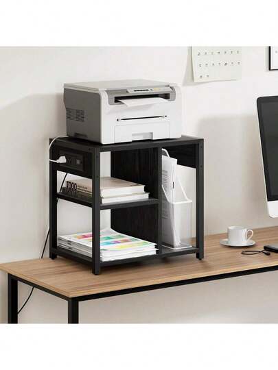 Bajo soporte de impresora de escritorio con tomacorrientes y puertos de carga USB, mesa de impresora de escritorio con estante de almacenamiento, soporte de impresora móvil de 4 niveles con ruedas para oficina en casa