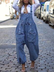 Women's Denim Multi-Pocket Baggy Jumpsuit Overalls: Wide-Leg Relaxed Fit With Drawstring Cuffs - Versatile For Daily Outings, Commute, Travel & Dates - 藍色 - 查看 1