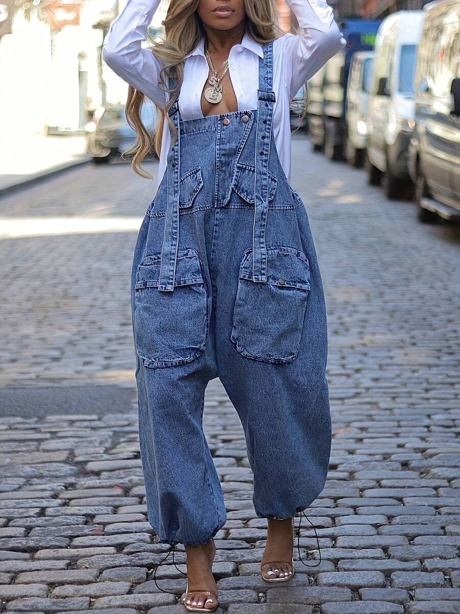 Women's Denim Multi-Pocket Baggy Jumpsuit Overalls: Wide-Leg Relaxed Fit With Drawstring Cuffs - Versatile For Daily Outings, Commute, Travel & Dates - 藍色 - 查看 1