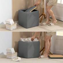 Storage Ottoman With Lid, Square Footrest, Cube Seat In Faux Leather, 40 X 40 X 40 Cm, Grey - Gray + Wood - View 3