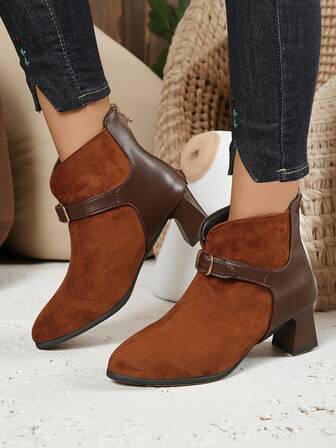 Side Zipper Buckle Elegant Retro Ankle Boots For Women, New Autumn/Winter Suede Patchwork Mid-Heel Short Boots, Back Zipper Short Boots, Women Spring/Autumn Short Boots