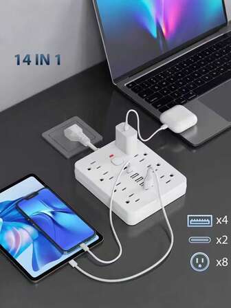 1 pieza Regleta de pared con 14 funciones y protección contra sobrecarga, toma de corriente con interruptor multifunción e indicador luminoso, 8 tomas de CA y 6 puertos USB (incluidos 2 puertos tipo C) - Diseño de cable suave para oficina, hogar o escuela