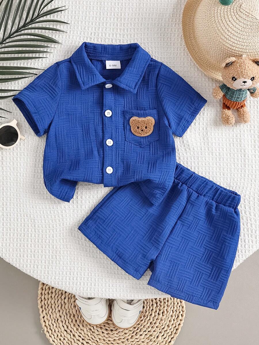 Set de 2 piezas de camisa con bolsillo y bordado de oso y pantalones cortos de moda callejera para niño bebé - azul real - Ver 1