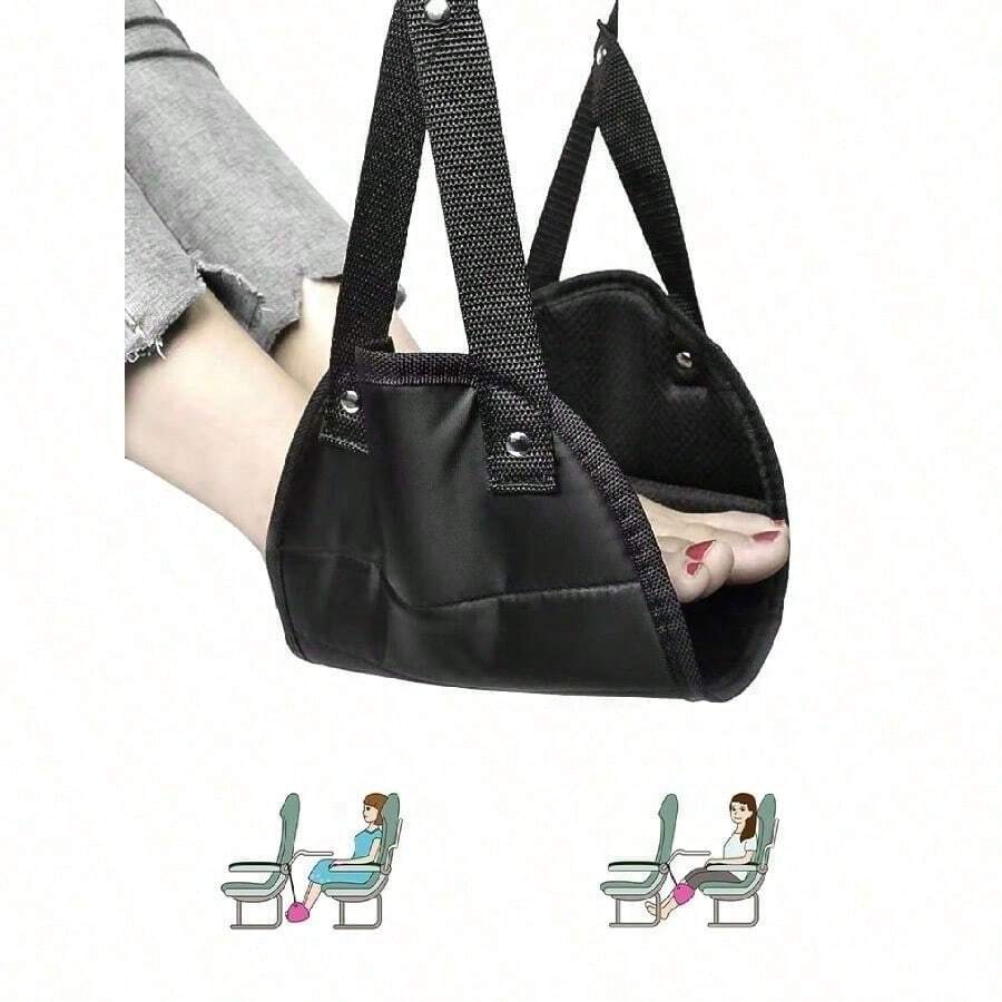 1pc Black Office Footrest Mat, Made Of Oxford Material, Airplane Hanging Foot Hammock, Simple Airplane Footrest, Adjustable With Portable Strap, Suitable For Travel, School Supplies, Student Foot Mat, Travel Foot Pillow, Leg Support, Travel Essential, Travel Accessories, Must-Have Travel Items, Beach Vacation, Summer Holiday, School Supplies, Back-To-School Items - 黑色腳墊-1pc - 查看 1