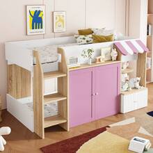 Children's Cabin Bed 90x200, With Open Storage Space And Ladder, Mid-Height Bunk Bed In Solid Wood (Without Mattress), White, Pink And Wood Colour. - 白色+粉紅色+木 - 查看 1