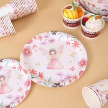 1 Set Floral Fairy Print Disposable Tableware Including Plates, Cups, Tablecloth And Banners, Suitable For 16 Guests, Ideal For Birthday, Wedding, Theme Party, Family Picnic - Multicolor - View 5