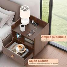 Mesita de Noche, Buró para Recamara, Vintage con Estación de Carga, 3 Niveles de Almacenamiento, 1 Cajones, Puertos USB y Tomas de Corriente - Buró Multifuncional para Dormitorio y Sala de Estar - 1 - Ver 5