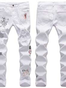 Men High Street  Ripped Jeans With English Embroidery Print Black White Slim Straight Leg Graffiti Denim Pants For Men - trắng - Xem 3