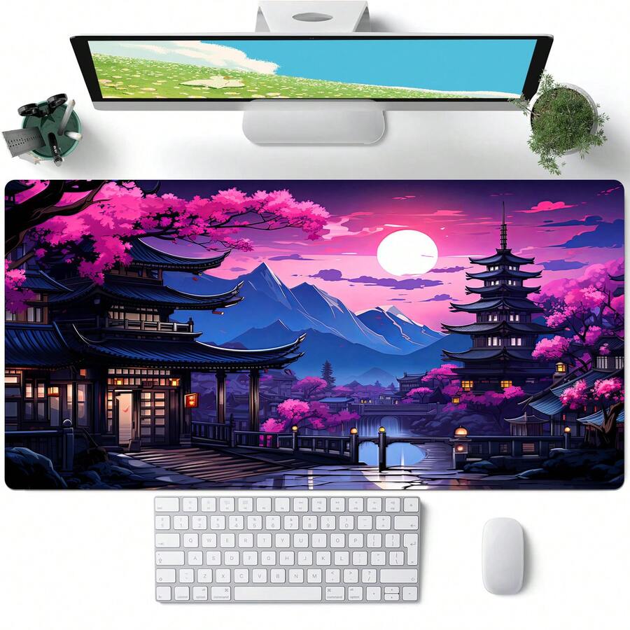 1pc Extra Large Japanese Pagoda & Landscape Pink Cherry Blossom Gaming Mouse Pad Non-Slip Premium Base Precision Stitched Edges, Rectangular Desk Mat For Office Study, Home Decor - Colorful - View 1