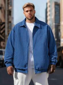 Men's Plus Size Corduroy Jacket With Stand-Up Collar, Fashionable Zipper Cardigan, Outdoor Leisure Top - Blue - View 1