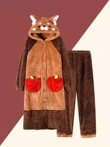 Damen süßer Bär Bademantel - Cartoon niedlicher Waschbär Flanell Bademantel - Nachtwäsche, nicht dehnbarer Stoff, maschinenwaschbar - Gemütlicher Winter Bademantel - Zuhause (Erwachsene) Cartoon Plüsch warmer Kapuzen Bademantel