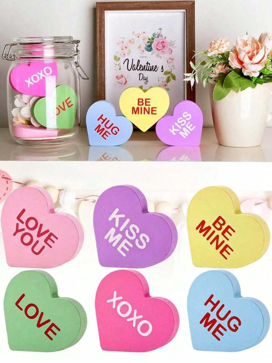 6件套 - 情人节装饰心形桌面摆件，木质多层托盘装饰，可爱“做我的爱人，永远属于你”对话糖心，适合情人节、结婚纪念日礼物、餐桌墙面装饰、圣诞节装饰，多层托盘糖心摆件，农舍风格甜蜜心形桌面装饰，经典家居餐桌装饰礼品