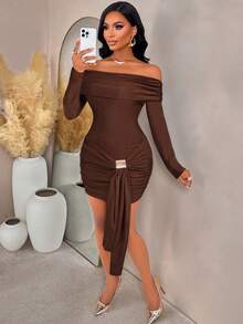 AIJ Vestido Bodycon de Manga Longa e Ombro à Mostra Sexy Amarelo, Saia Lápis de Malha Drapeada Feminina, Estilo de Festa - Castanho - Visão 5