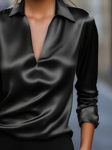 都市时尚V领缎面质感通勤衬衫，优雅修身长袖上衣 - 黑色 - 查看 2
