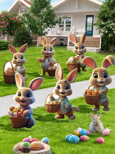 6pcs Easter Bunny Outdoor Decor Set - Easter Bunny Sign - Easter Bunny Yard Outdoor Decor With - Bunny Garden Sign, Spring Home Decor, Waterproof Lawn Sign, Suitable For Easter Party Supplies, Home Corridor Decor, Easter Lawn Decor, Outdoor Garden Decor