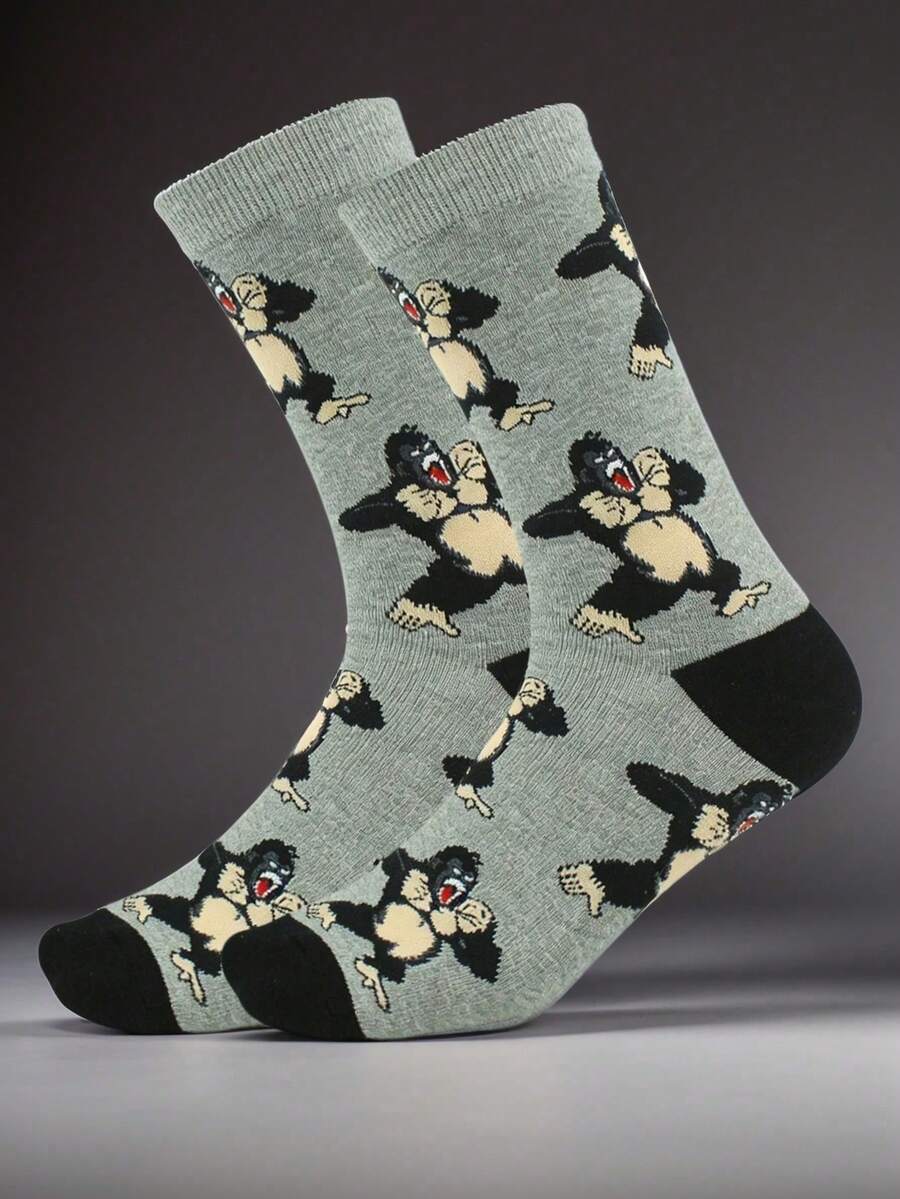 1 Pair Roaring Gorilla Pattern Men's Crew Socks - Multicolor - View 1