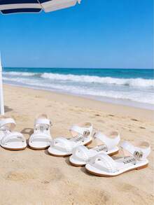 1 Pair Girls' Shiny Striped Rhinestone Buckle Soft Bottom Open Toe Lace-Up Casual Sandals, Suitable For Summer Beach/Family Outings - White - View 11