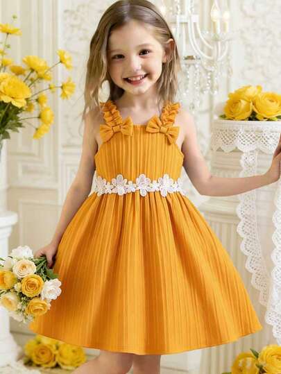 Young Girl Casual Striped 3D Bow Hollow Floral Wide Strap A-Line Dress, Suitable For Daily, Home, Outdoor, Street, Sports, Vacation, Summer