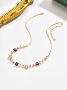 1 pieza Collar de piedras de circonita cúbica multicolor lujoso, collar elegante con circonita incrustada para mujeres, adecuado para uso en fiestas y días festivos, regalo del Día de San Valentín