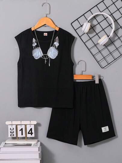 2pcs/Set Boys' Summer Outfit With Digit Print Sleeveless Tank Top + Loose Comfortable Shorts, Suitable For Outdoor, Sports, Casual Wear