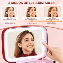Lukovee Estuche de Viaje con Bolsa para Brochas y Espejo LED, 3 Modos de Iluminación Neceser de Maquillaje Portátil con Divisores Desmontables, Organizador Cosméticos para Accesorios Belleza Mujer - Rojo - con Espejo - Ver 2