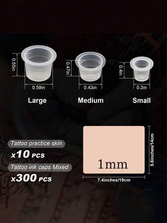 310 piezas Piel de práctica de tatuaje con tazas de tinta mixta - Kit de piel falsa y tapas de tinta Autdor que incluye 300 piezas de tazas de pigmento de tinta mixta #9 Pequeño #13 Mediano #16 Grande y 10 piezas de piel de tatuaje