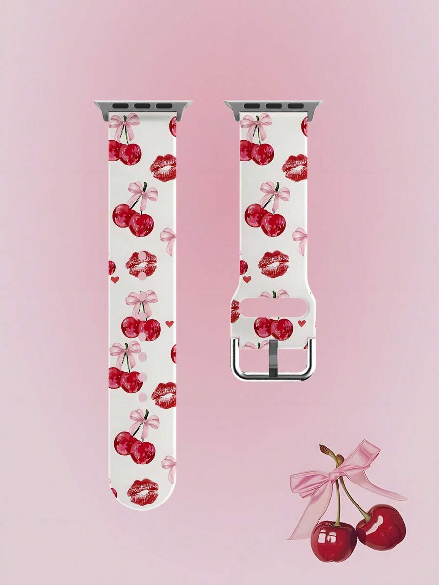 1pc Soft Elastic Breathable Cherry Lip Print Replacement Watch Band, Unisex, Compatible With Samsung, Garmin, Honor Smart Watches Sizes Available: 38mm, 40mm, 41mm, 45mm, 44mm, 42mm, 49mm, Fashionable Casual Multi-Color Silicone Watch Strap