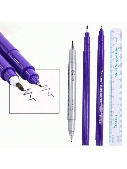 2pcs Tattoo Skin Marker Pen With Precise Ruler, 0.5mm/0.019" And 1mm/0.039" Purple Ink Dual-Tip Marker Pen, Surgical Eyebrow Tattoo Makeup Tool Pen, Tattoo Accessories