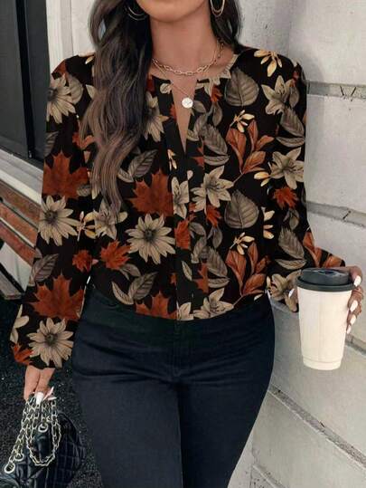 Blusa elegante de manga larga con cuello en V y estampado floral para mujer de talla grande
