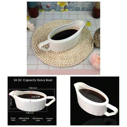 24oz Large Capacity Gravy Boat - Upgrade Premium White Sauce Boat - Elegant Pouring Spout - Serving Gravy, Sauces, Dressings - Dishwasher