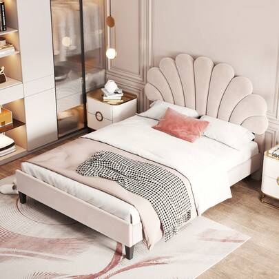 Polsterbett Doppelbett 140 X 200 Cm, Bettrahmen Mit Blumenförmigem Kopfteil Und Lattenrost, Erwachsenen-Jugendbett In Hautfreundlichem Samtstoff, Gästebett Beige