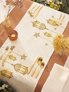 1pc Middle Eastern Ramadan Star & Crescent Lantern Print Linen Table Runner, Suitable For Festivals, Parties, Birthdays, Dinners, Kitchen & Dining Room Decor, Shoe Cabinet & Storage Cover, All Season Home Decor - Multicolor - View 5