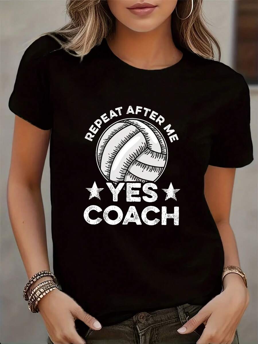 Women'S "Repeat After Me Yes " Volleyball Graphic T-Shirt - Casual Crew Neck, Short Sleeve, All-Season Tee With Volleyball Design, Machine Washable, Casual Wear| Volleyball Theme| Comfortable Fit, Volleyball Tee - màu đen - Xem 1