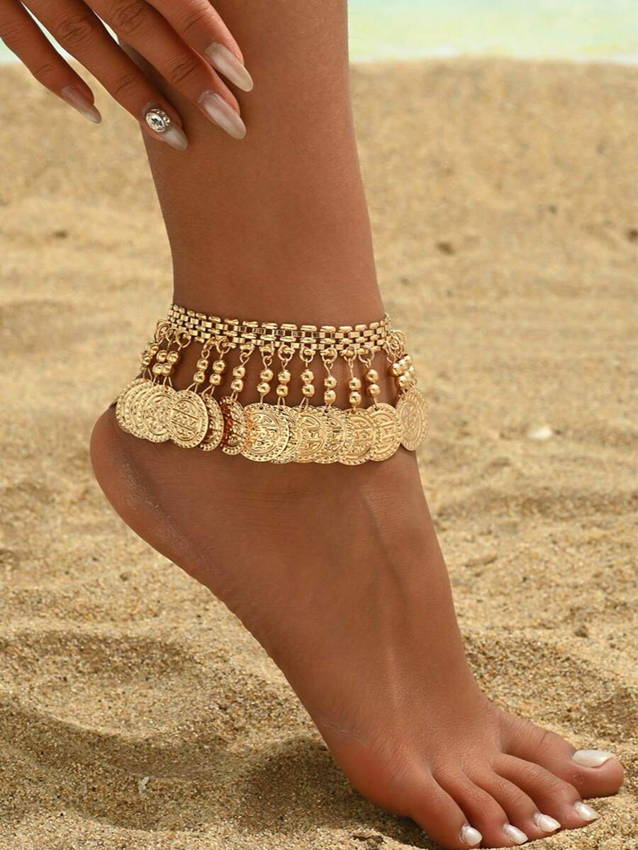 1pc Boho Style Plus Size Vintage Coin Decor Anklet, Suitable For Beach Vacation Wear - Gold - View 1