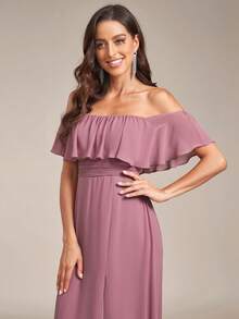 EVERPRETTY Đầm phù dâu màu hồng dáng chữ A, trễ vai, tay bồng, xẻ tà, thích hợp cho đám cưới mùa xuân. - Bụi hồng - Xem 6