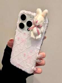 Cute 3D Bow Rabbit Pink Rhombus Pattern Bow Animal Floral Doodle Phone Case, Compatible With 17 Pro Max 17 Pro 17 Air 16 15 Pro Max 14 13 Pro Plus 12 11, Soft Material, Great Gift - White - View 3