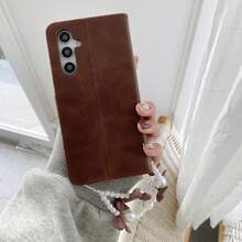 1pc Beautiful Star, Fairy, Butterfly ("Good Luck To You") Print + Pearl Butterfly Bracelet Wristband, Folding Flap Small Cowhide Card Holder Suitable For SX S26ULTRA/S25/S24/S23/S22/S21 A56/A55/A54/A36/A55/A26/A25/A17/A16 OPPO Series, Vivo Series, Redmi - Brown - View 4