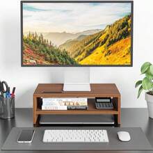BONTEC Wooden Monitor Stand Riser, 2-Tier Desk Shelf With Storage Organizer, Ergonomic Computer Stand With Cable Management, Cellphone Holder, White, 165 Inch - ColorD - View 2
