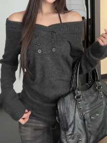 [Y6Y] 女士优雅露肩针织毛衣，长袖修身百搭套头衫