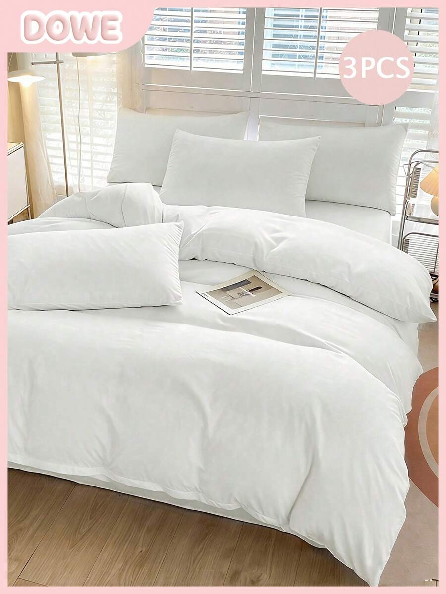 3件套100%涤纶纯色被套组（1个被套和2个枕套），现代涤纶床上用品套装，四季皆宜