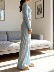 2Pcs Pajamas Sets For Women Long Sleeve Crew Neck Solid Color Upper Button Down Tops And Elastic Waist Pants Lounge Wear - Màu xanh lam - Xem 2