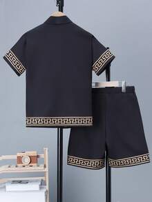 Tween Boys' Pattern Print Lightweight Shirt Collar Short Sleeve Shirt & Shorts Set, Casual Fashion For Spring/Summer, Festivals & Parties - Black - View 2