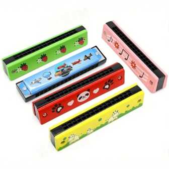1pc/2pcs/3pcs/5pcs/6pcs/8pcs/10pcs/12pcs/15pcs/20pcs Wooden Painted Harmonica, Double Row 16 Hole 24 Hole Blow Harmonica, Durable, Easy To Play Mouth Organ, Suitable For Beginners, Musical Instrument Toy For Students