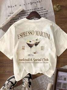 Women Casual Round Neck Short Sleeve T-Shirt With "Espresso Martini Coffee Club" Graphic, Summer - Apricot - View 2