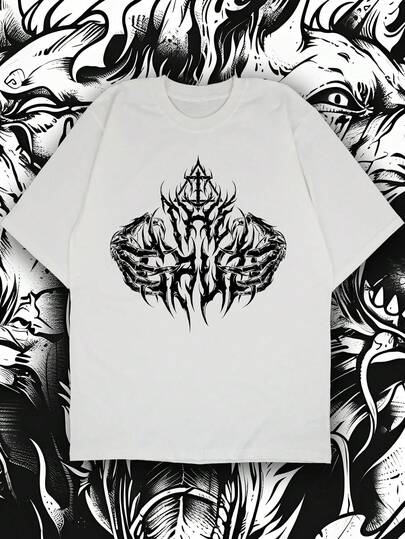 Camiseta de manga corta de cuello redondo con estampado gráfico oscuro, de verano y casual para hombres