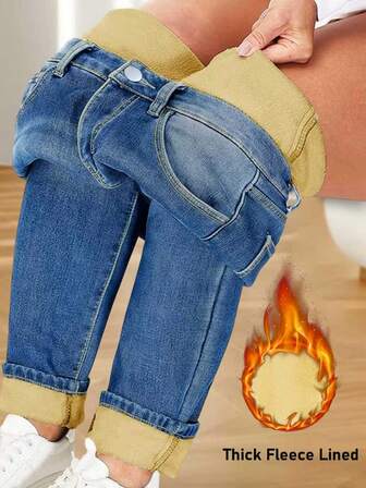Jeans elásticos de cintura media, gruesos y cálidos para el invierno, con detalles de lavado y susurros, para uso en la oficina y uso diario, talla grande