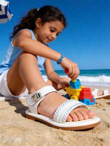 1 Pair Girls' Shiny Striped Rhinestone Buckle Soft Bottom Open Toe Lace-Up Casual Sandals, Suitable For Summer Beach/Family Outings - White - View 2